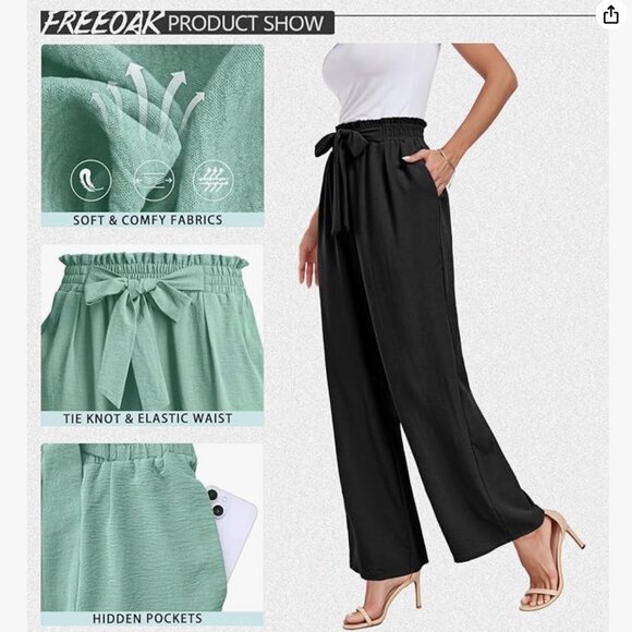 Large NWT Womens Wide Leg Pants High Waist Flowy Adjustable Knot Loose Trousers - Picture 2 of 5